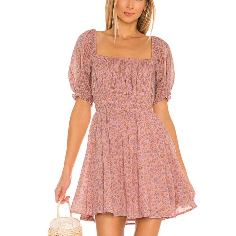Spell Rae Mini Dress Soft Pink Minimalist Floral Puff Sleeves Summer Size Small